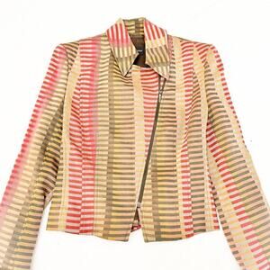 Claudia Strater Linen Motorcycle Woven Line Patterned Jacket Blazer Top Size 38